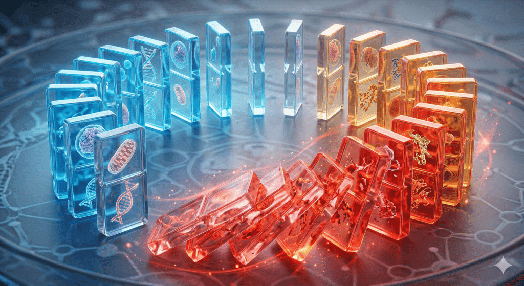 circular chain of glowing dominoes falling into one another