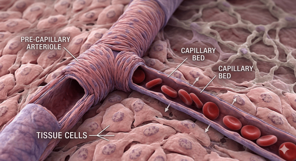 pre capillary arteriole as it transitions into capillary bed