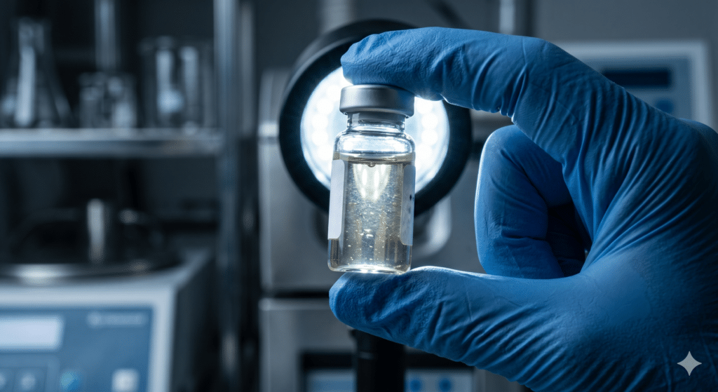 blue-nitrile-gloved hand holding a small, generic medical vial