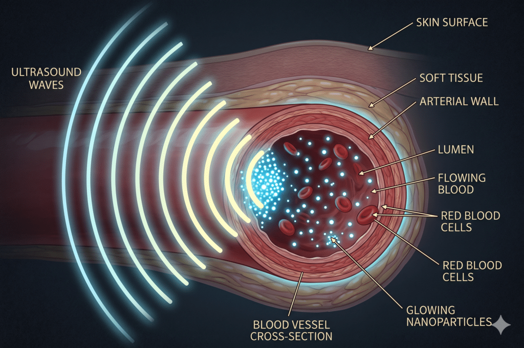 2 glowing nanoparticles circulating inside a cross section of a blood vessel