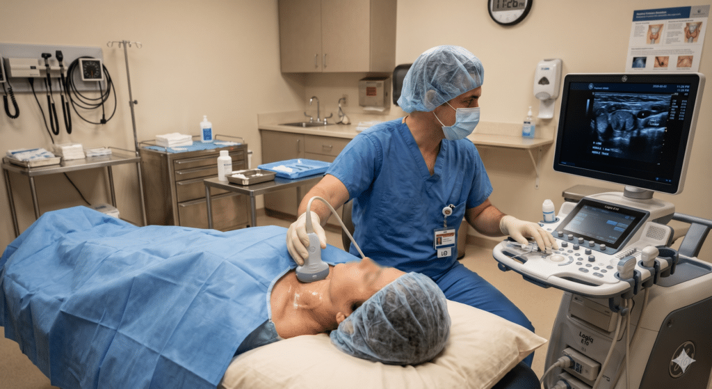 2 radiologist performing an ultrasound guided biopsy of a patients neck