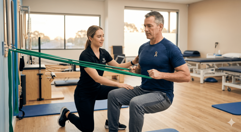 male firefighter cancer survivor in his 40s participating in a structured physical rehabilitation exercise